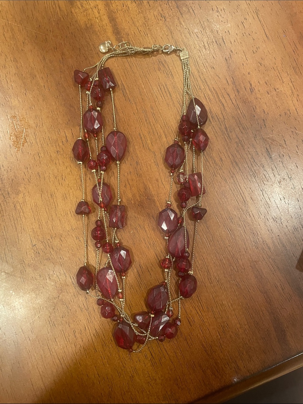 Liz Claiborne Gold-Tone Multi-Strand Necklace with Deep Red Faceted Beads